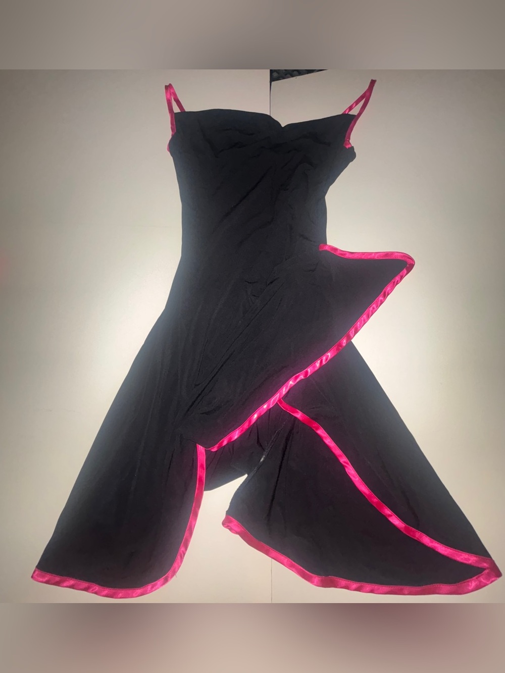 Women's Black Dress with Hot Pink Trim - Elegant Spaghetti Strap Dress Size L